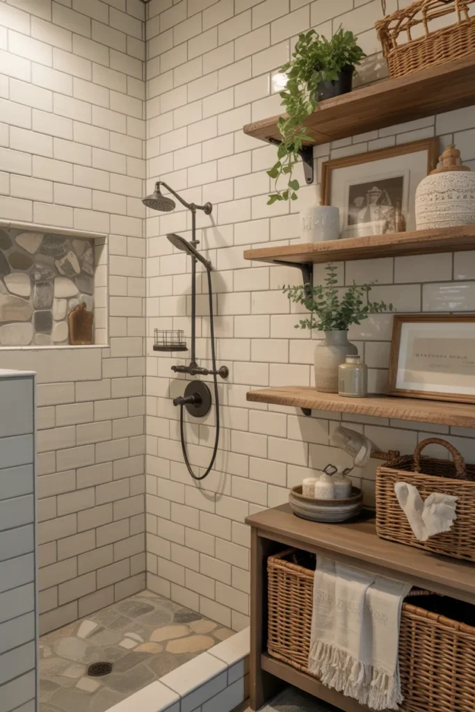 Mixed Texture Tile Shower with Cozy Farmhouse Layers