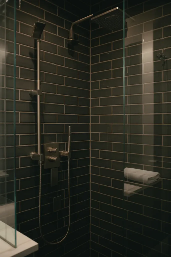 Modern Black Subway Tile Shower with Silver Fixtures