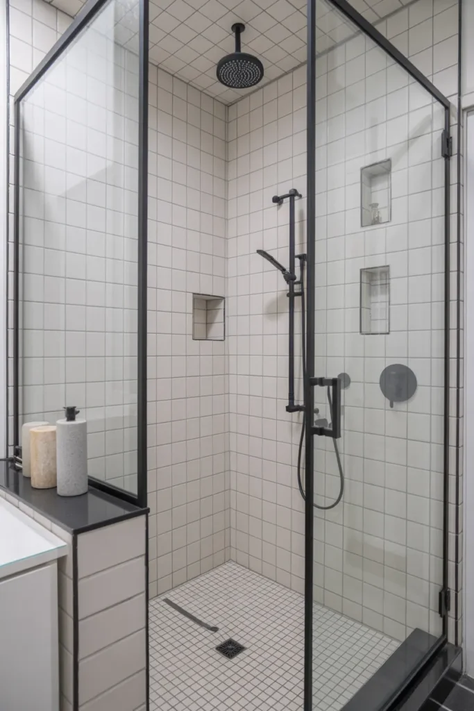 Modern White Tile Shower with Matte Black Accents