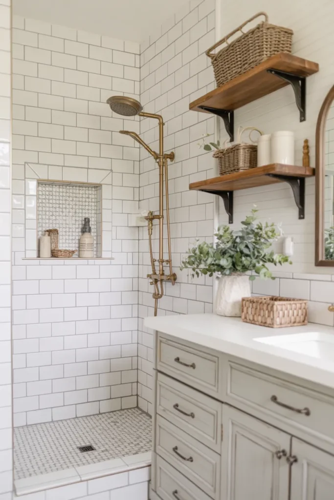 Mosaic Tile Shower Niche with Farmhouse Character