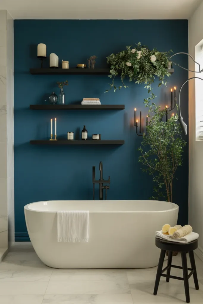 Navy Blue Bathtub Wall with Black Open Shelving
