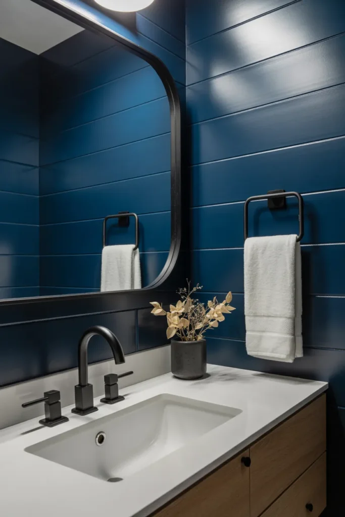 Navy Walls with Matte Black Fixtures