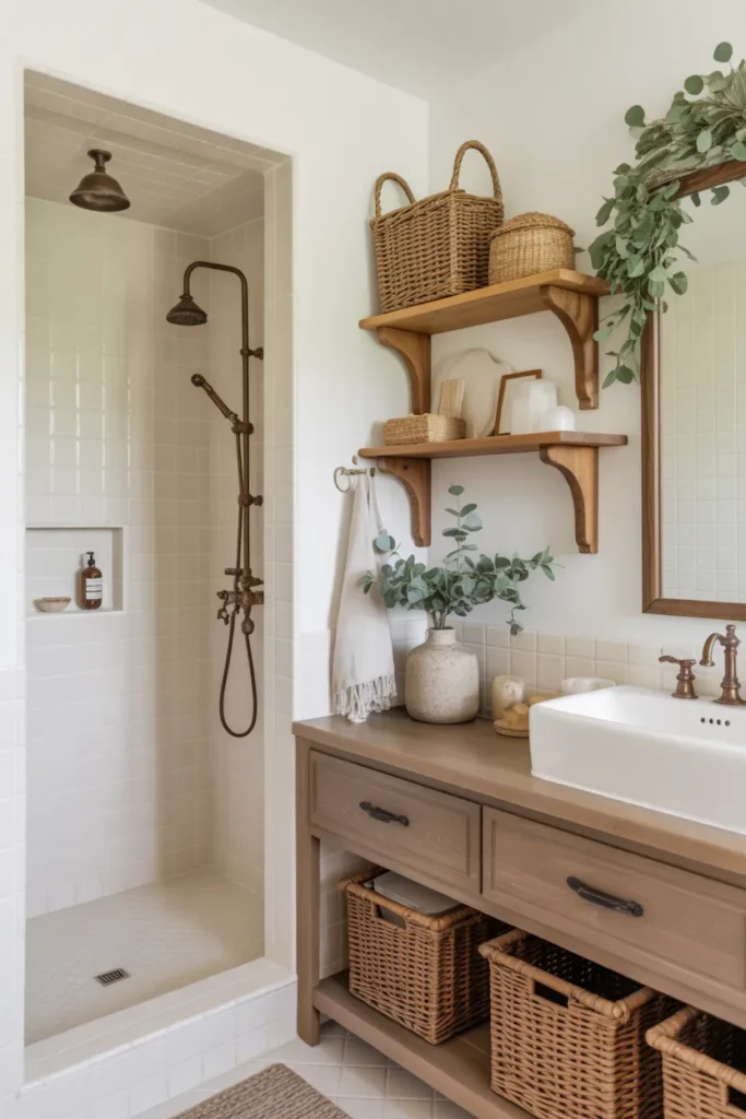 Neutral Beige Tile Shower with Soft Farmhouse Elegance