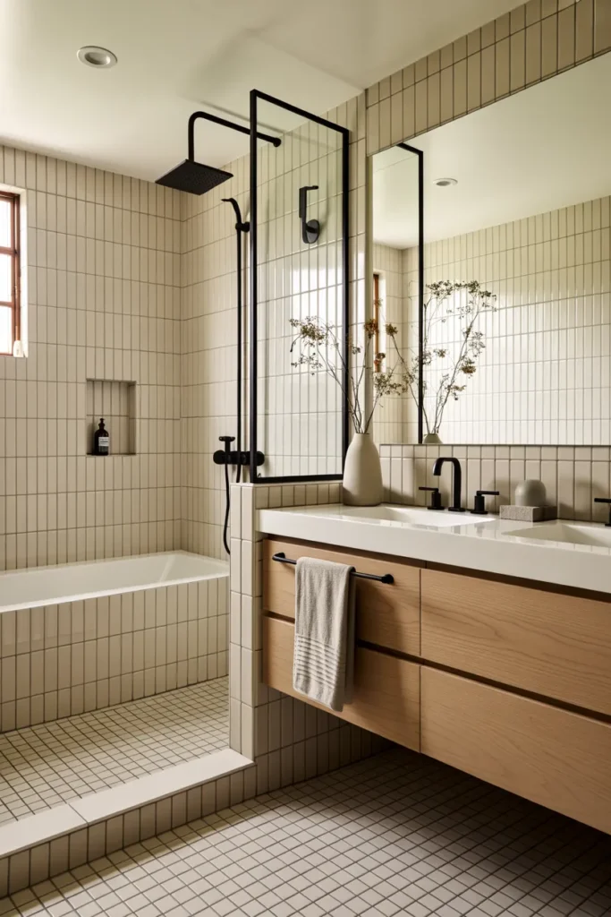  Neutral Tile Bathroom with Black Fixtures
