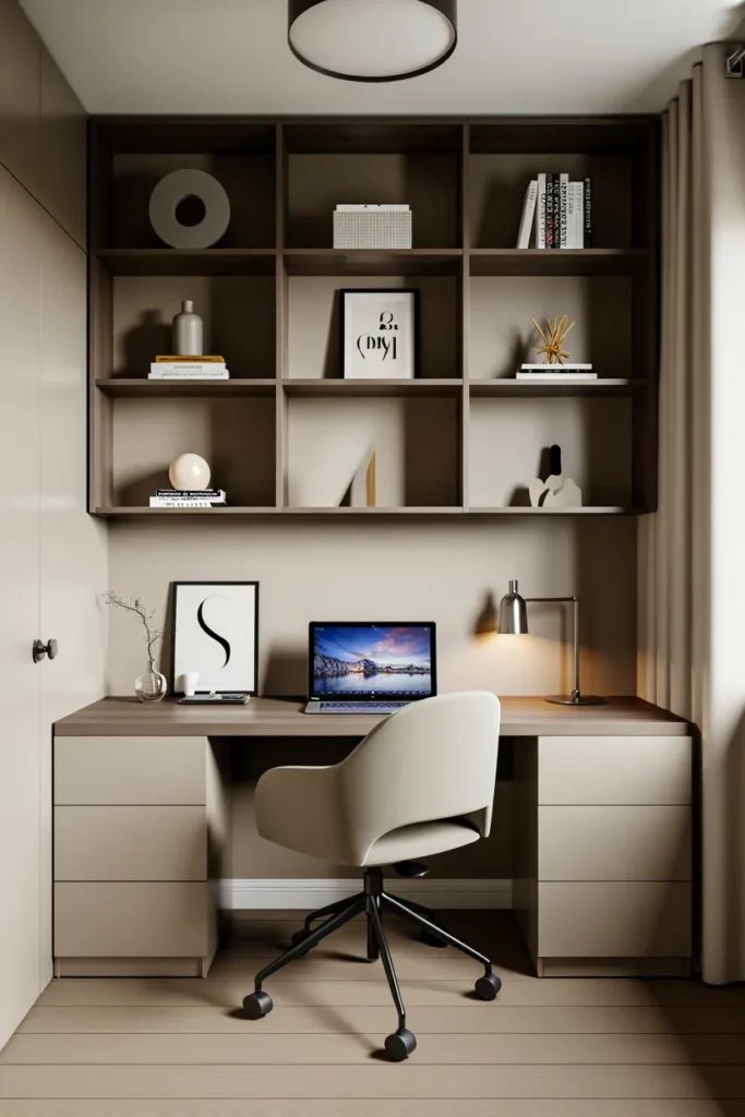  Office with Floating Desk and Open Shelving