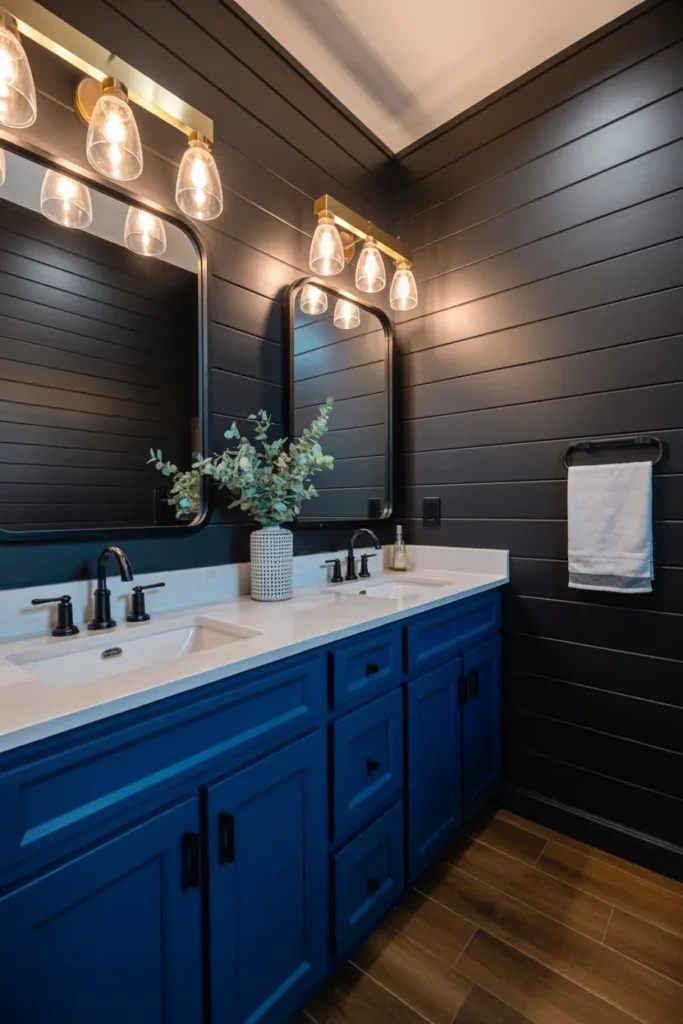 Royal Blue Vanity with Black Shiplap Walls