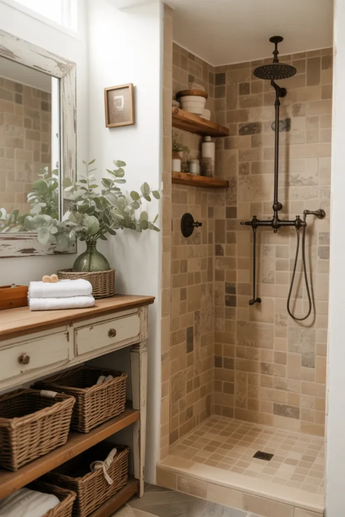 Rustic Stone Tile Shower with Warm Farmhouse Charm