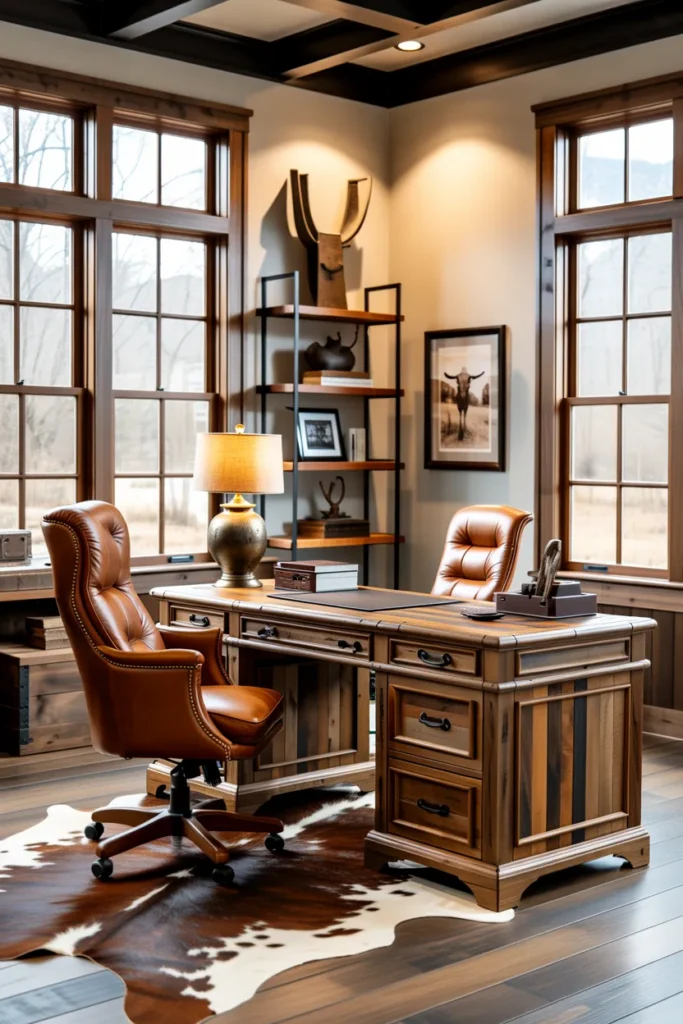  Rustic Wooden Executive Desk with Leather Chair