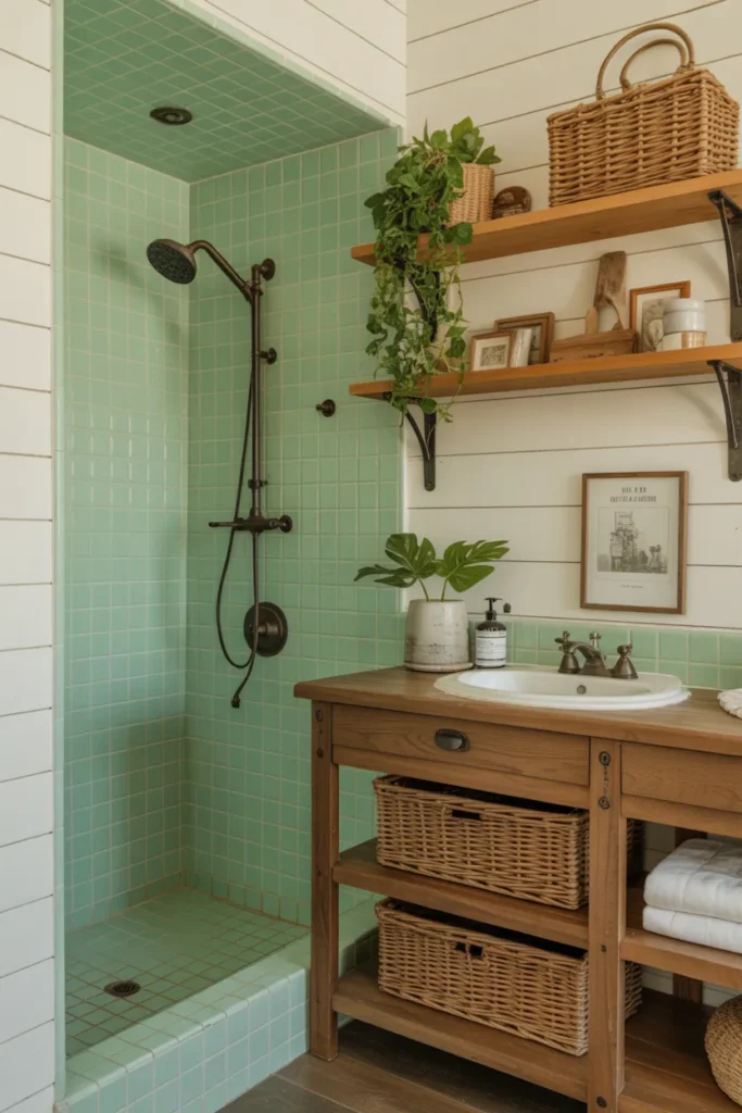 Sage Green Tile Shower with Natural Farmhouse Beauty