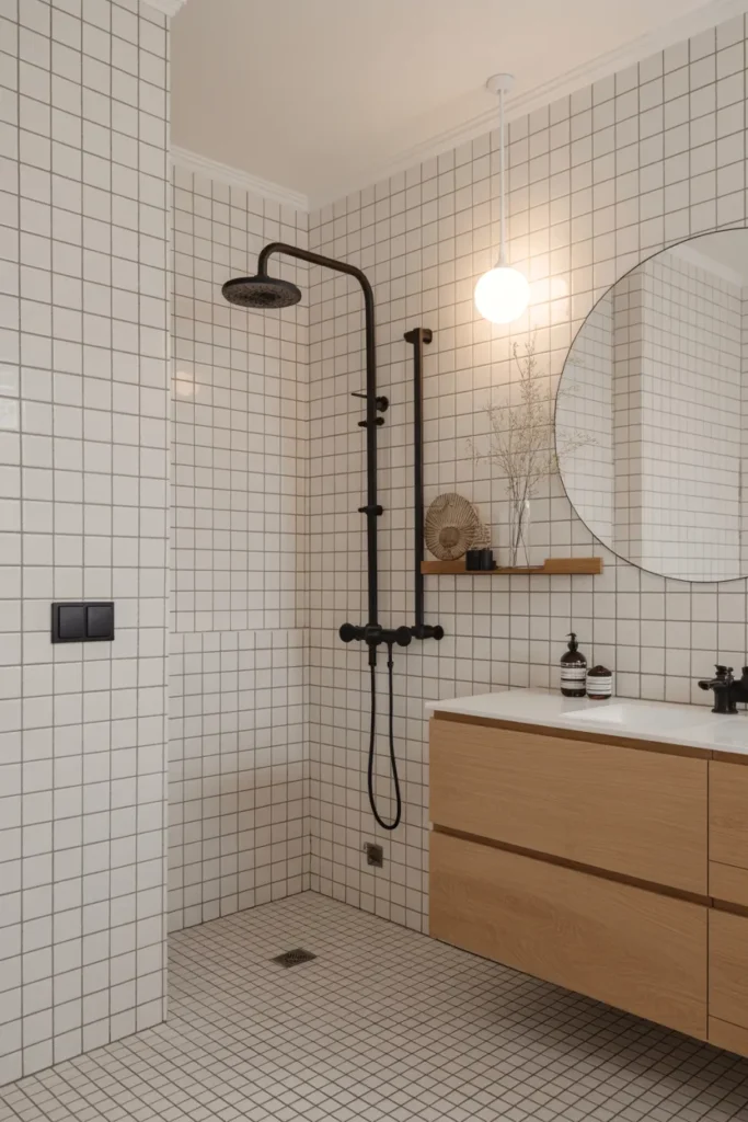 Scandinavian White Tile Bathroom with Black Grout Simplicity