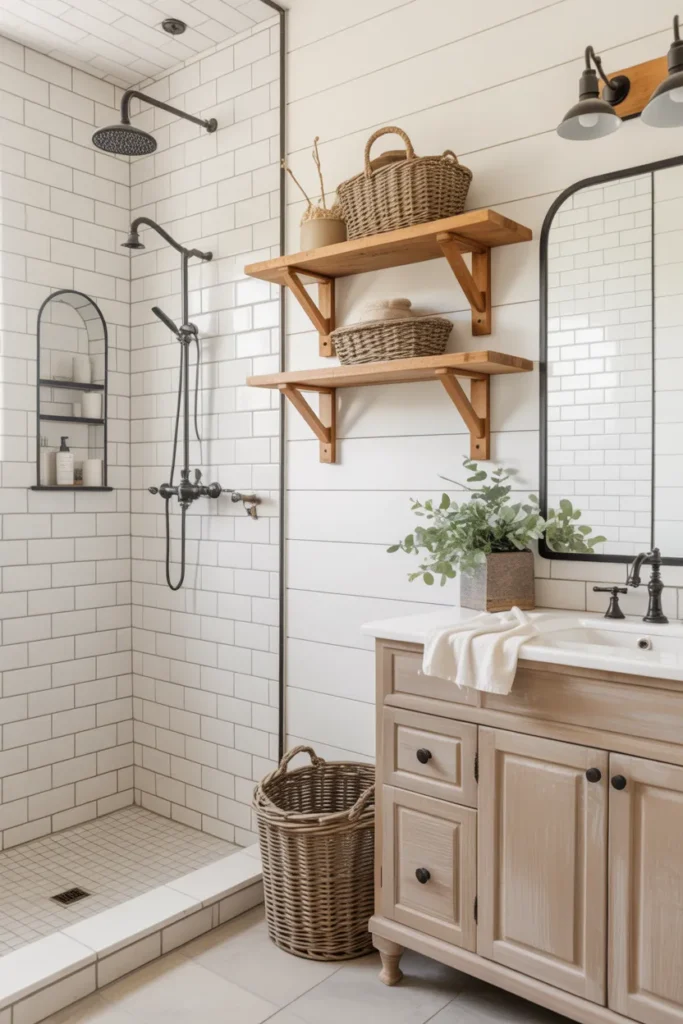 Shiplap and White Tile Shower for Cozy Farmhouse Style