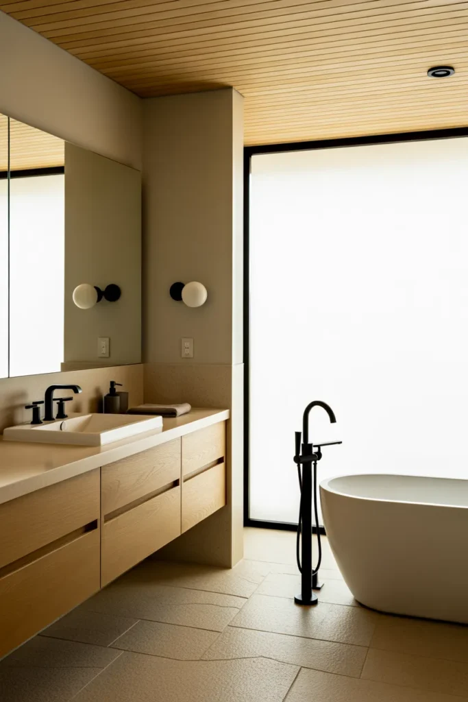  Simple Japandi Bathroom with a Wooden Ceiling