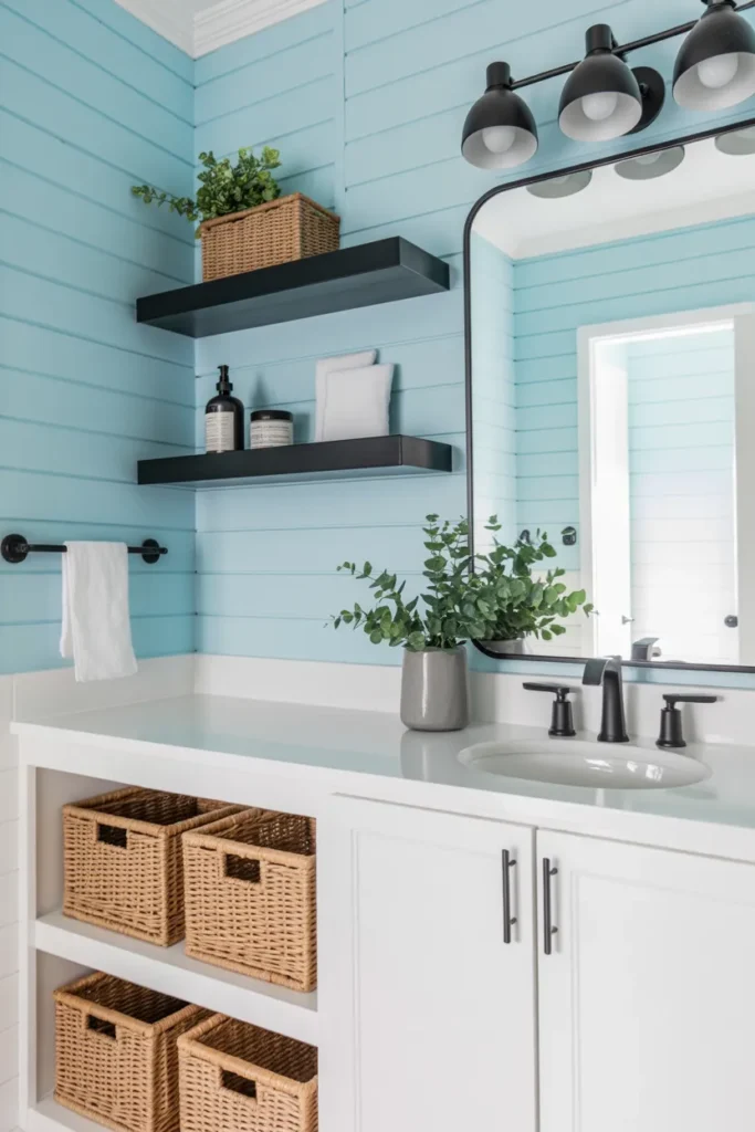 Sky Blue Walls with Black Floating Shelves