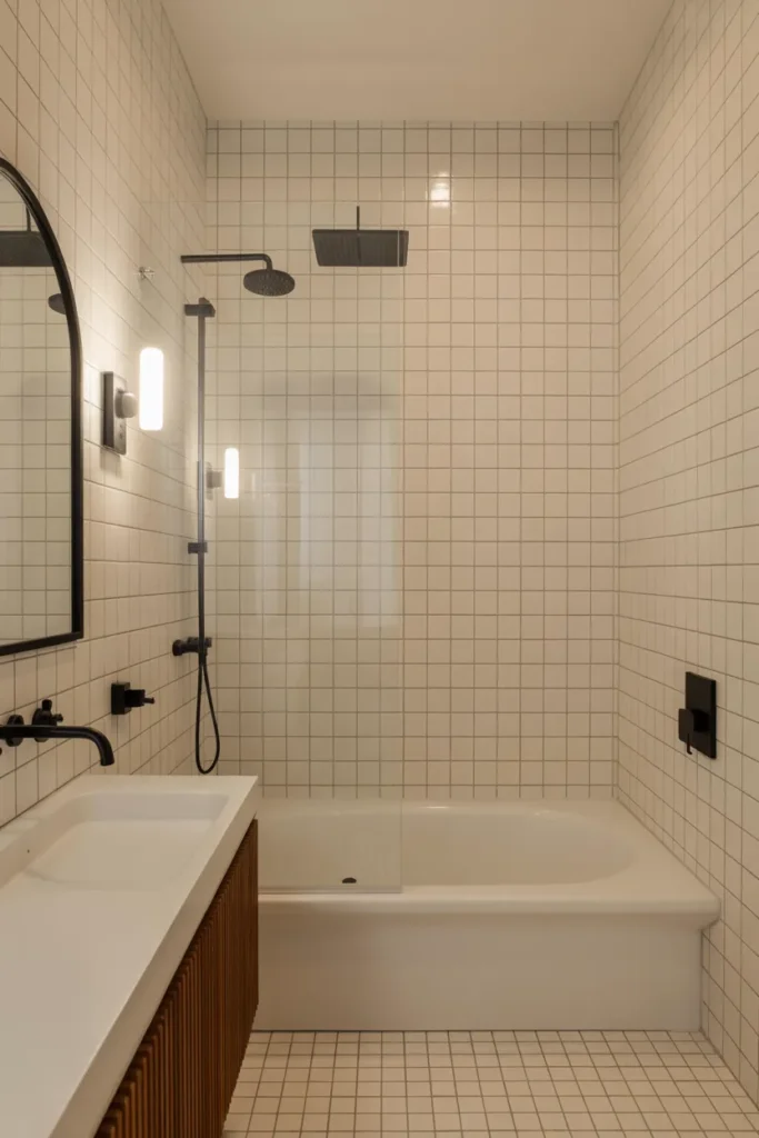 Timeless White Tile and Black Grout Bathroom with Modern Minimalist Appeal