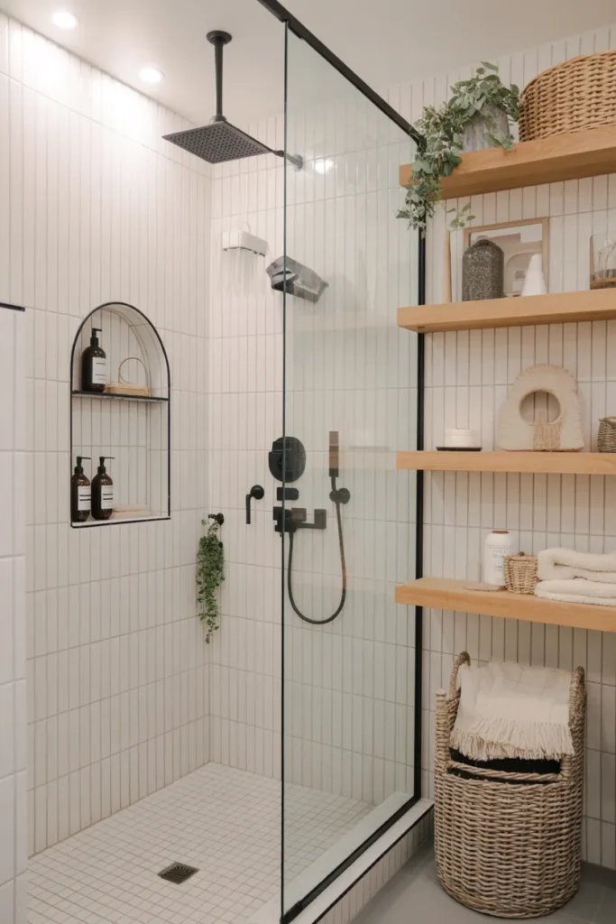 Vertical Stacked Tile Shower with Black Farmhouse Fixtures
