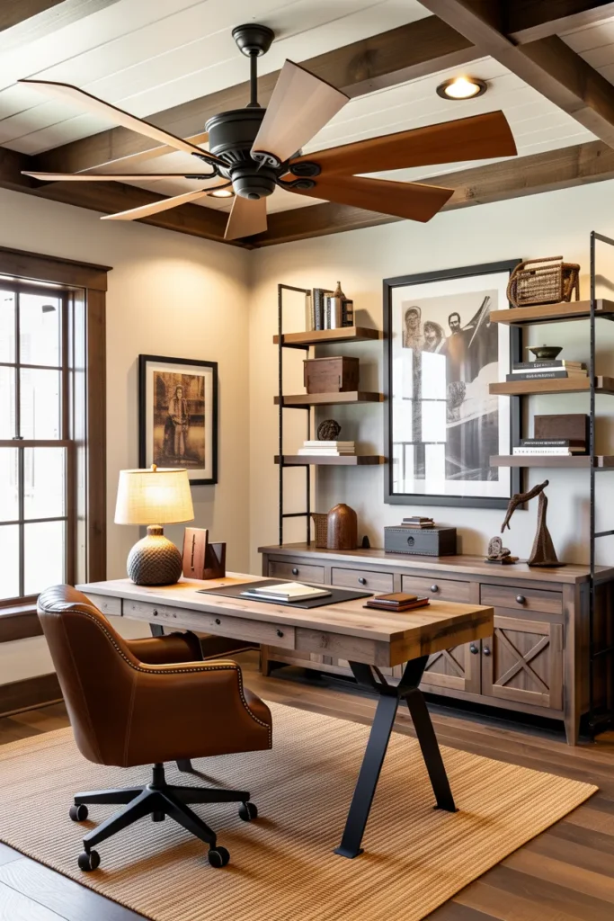  Western Office with Rustic Ceiling Fan