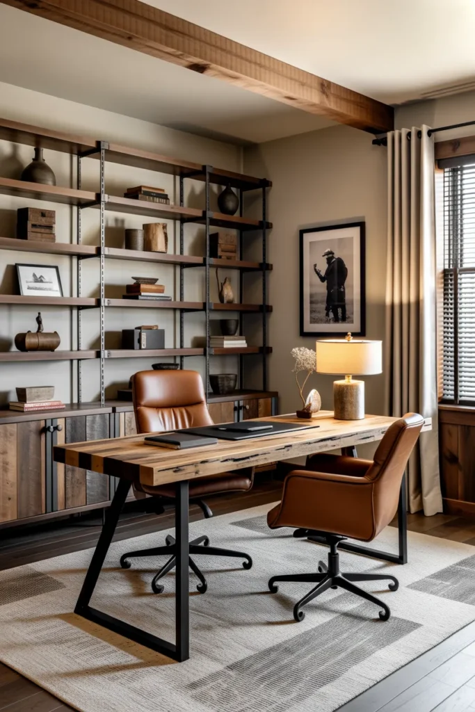   Western Office with Rustic Wood and Black Metal