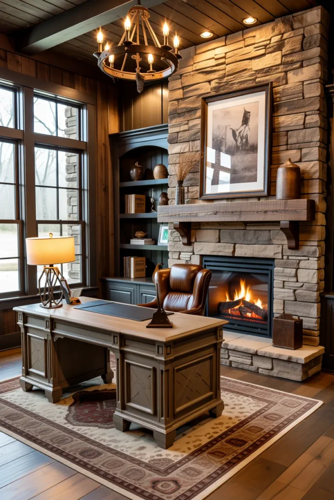  Western Office with Stone Fireplace