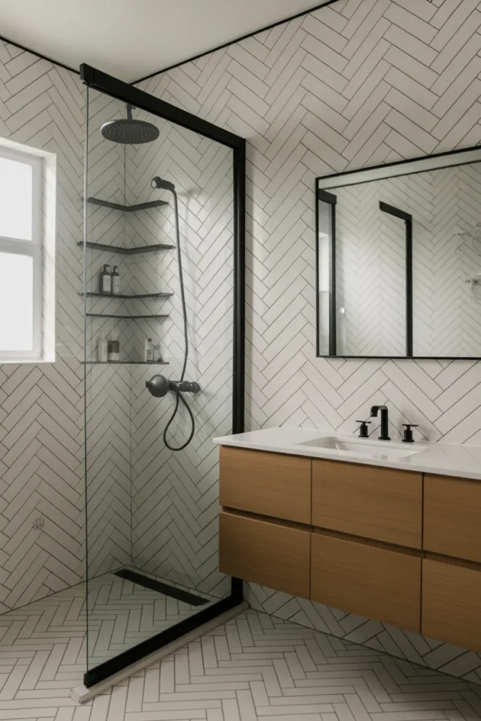 White Herringbone Tile Bathroom with Bold Black Grout Design