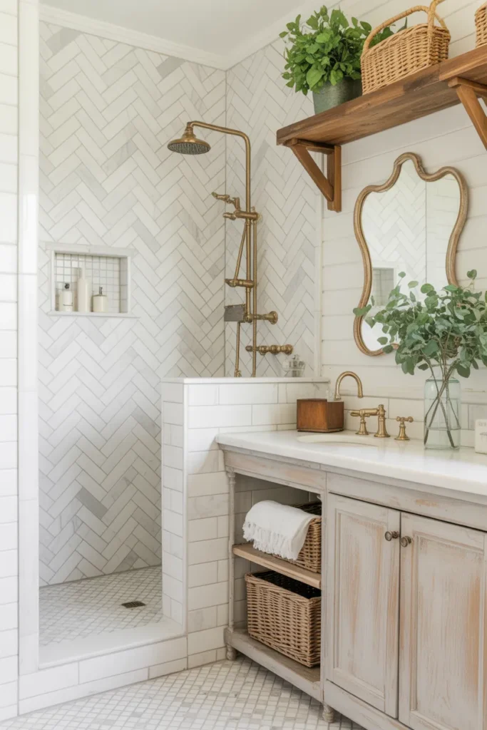 White Marble Herringbone Shower with Rustic Farmhouse Charm