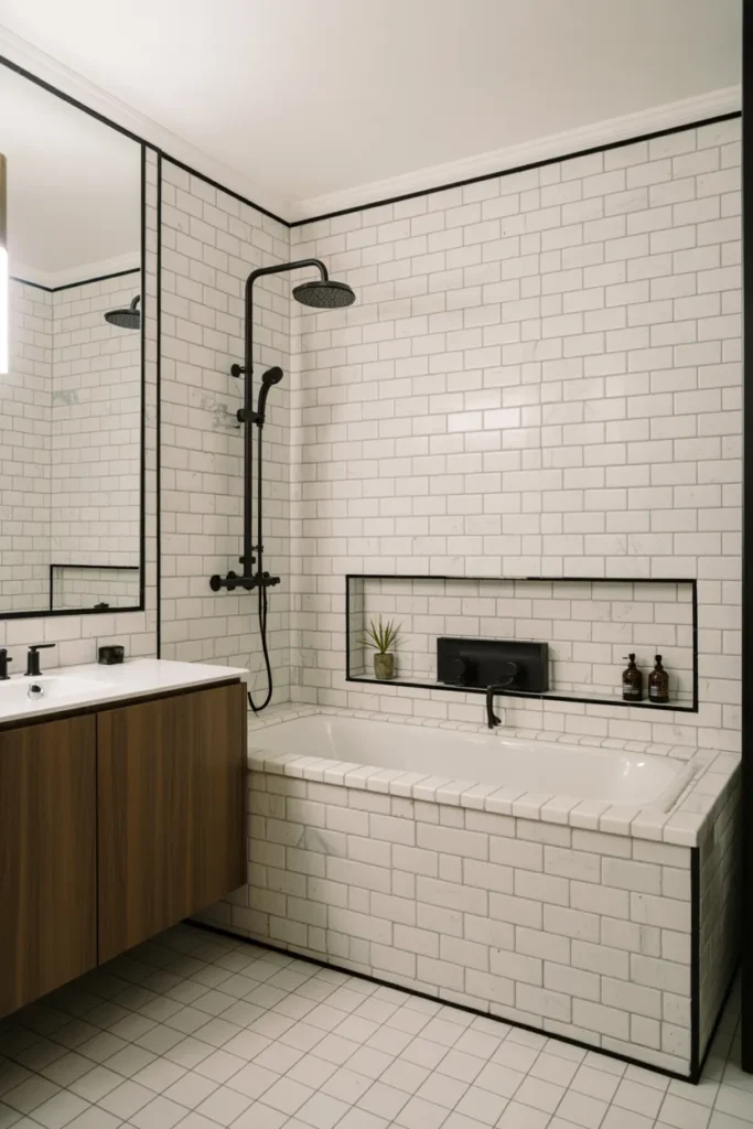 White Marble-Look Tiles with Black Grout for Timeless Luxury