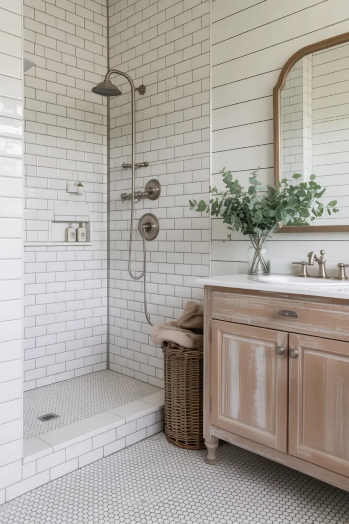 White Penny Tile Shower Floor with Classic Farmhouse Style