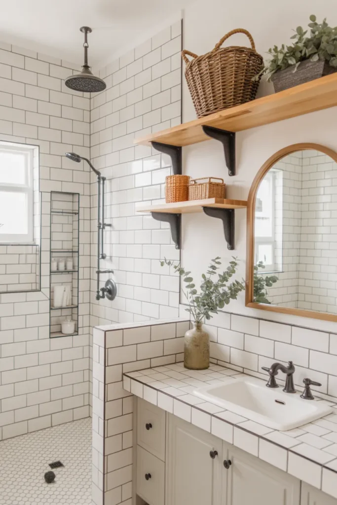 White Subway Tile Shower with Rustic Wood Accents