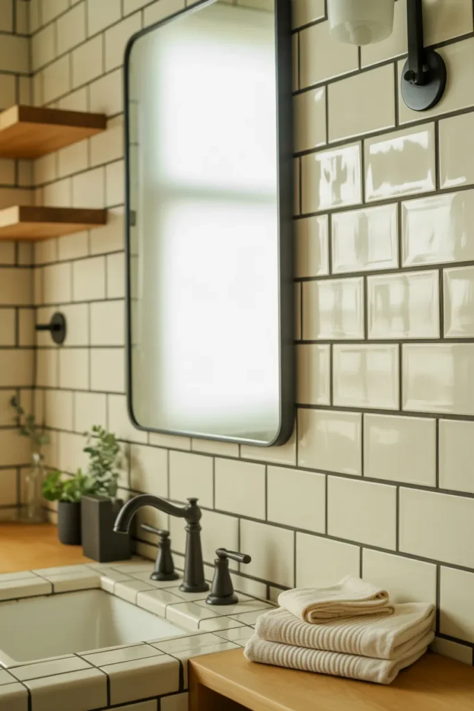 White Subway Tiles with Bold Black Grout Contrast