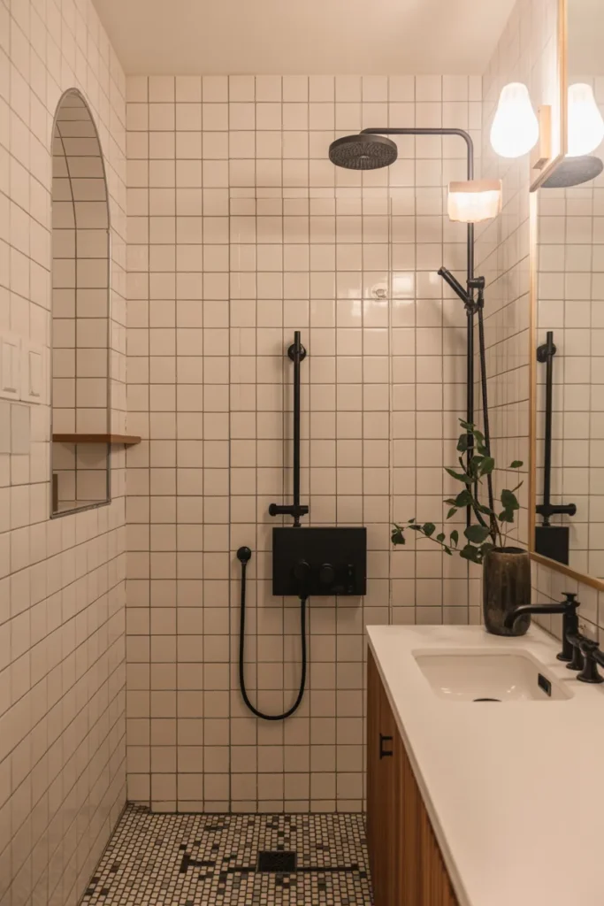 White Tile Accent Wall with Black Grout Statement Design