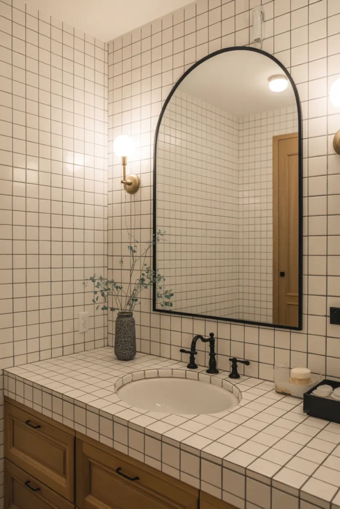 White Tile Bathroom with Black Grout and Arched Mirror Beauty