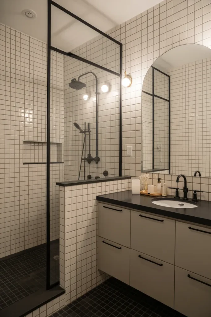 White Tile Bathroom with Black Grout and Ceiling-Height Tile Elegance