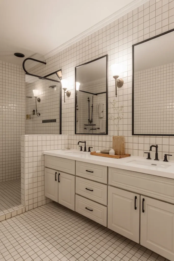 White Tile Bathroom with Black Grout and Double Vanity Elegance