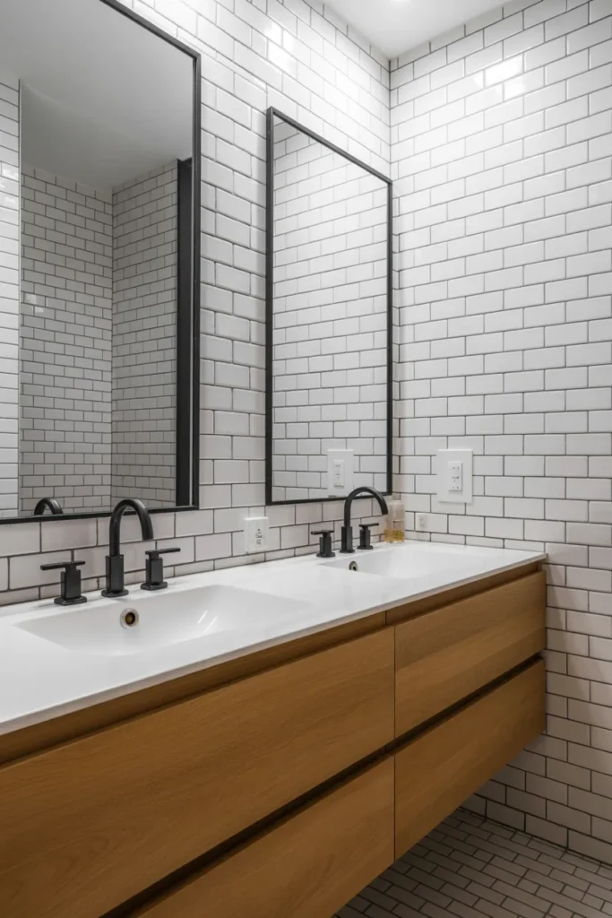 White Tile Bathroom with Black Grout and Floating Vanity Style