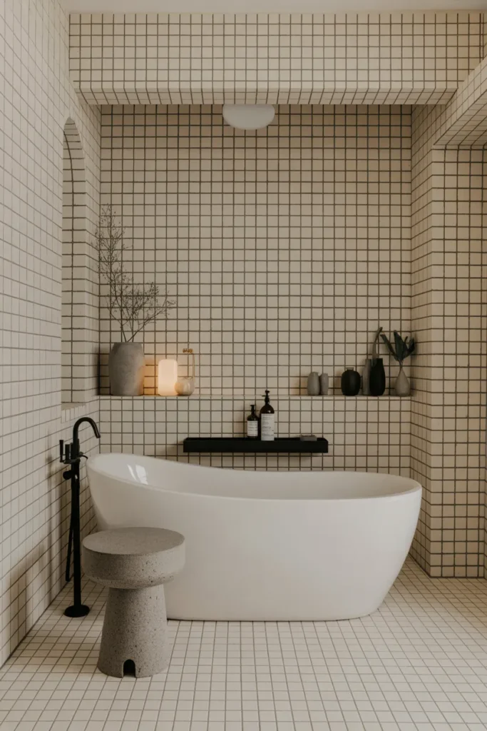 White Tile Bathroom with Black Grout and Freestanding Tub Luxury