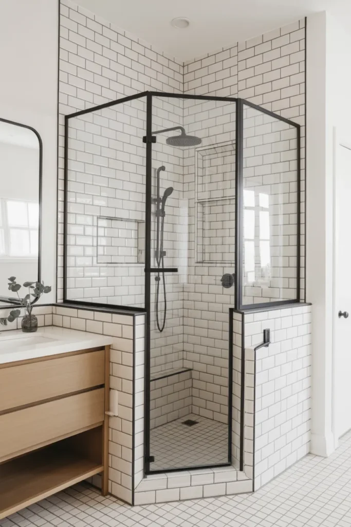 White Tile Bathroom with Black Grout and Glass Shower Sophistication