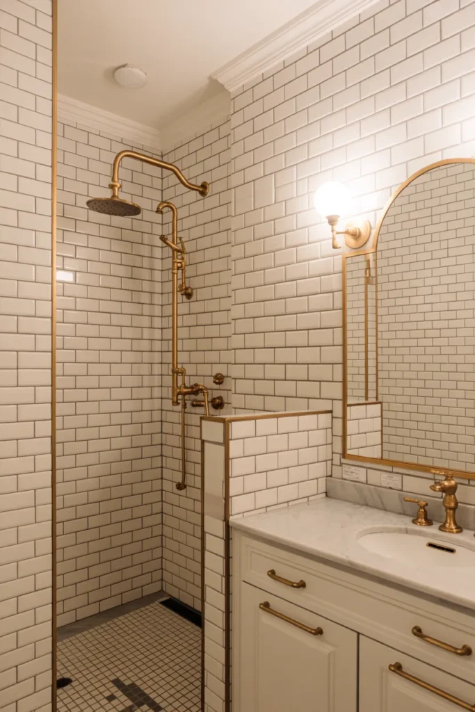 White Tile Bathroom with Black Grout and Gold Fixtures