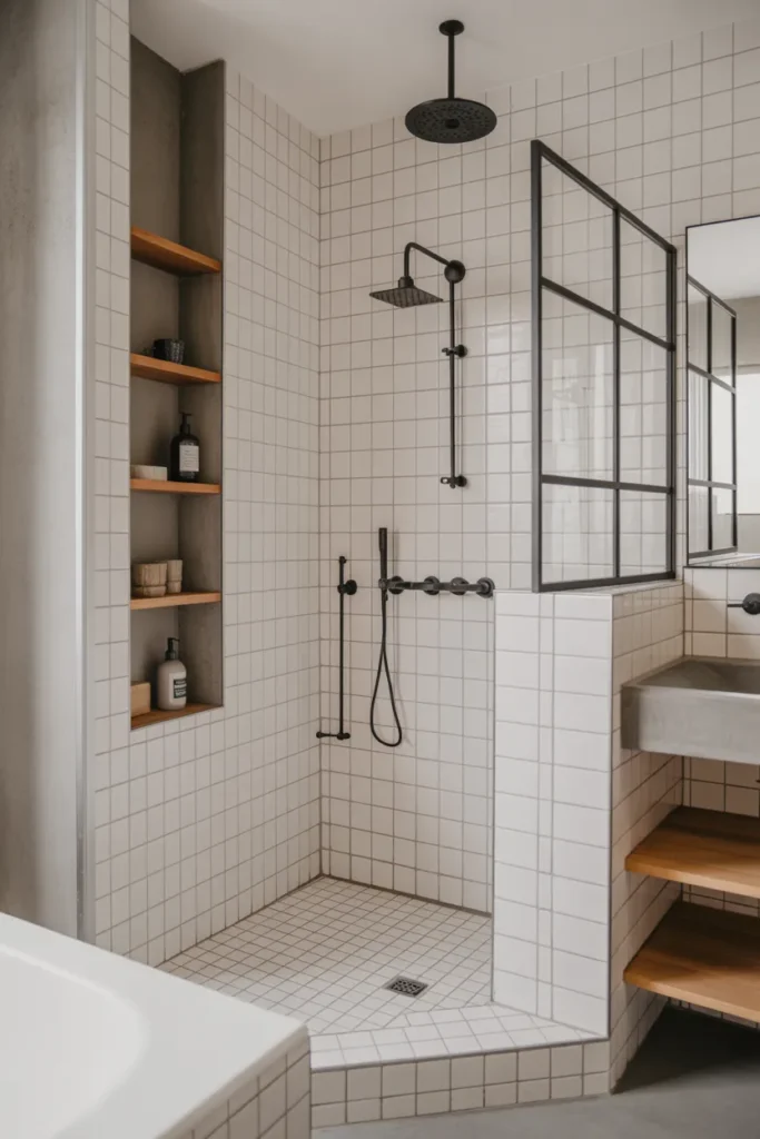 White Tile Bathroom with Black Grout and Industrial Style Touches