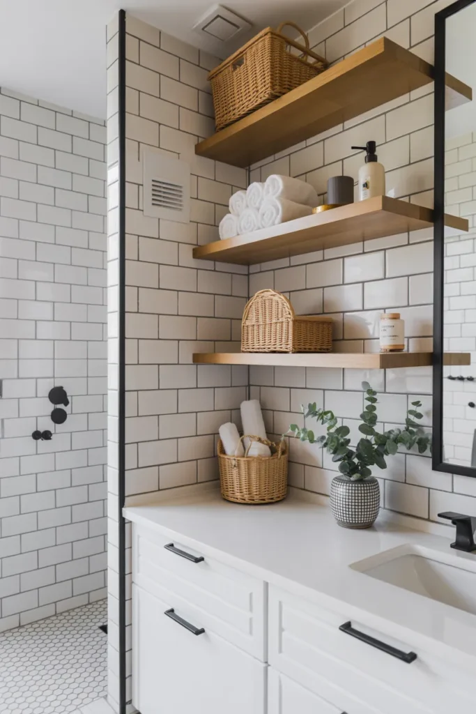 White Tile Bathroom with Black Grout and Open Shelving Style