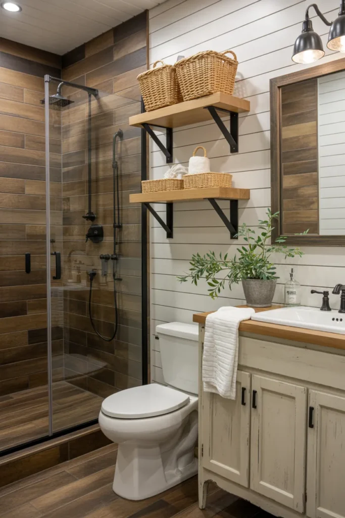 Wood Look Tile Shower for Rustic Farmhouse Warmth