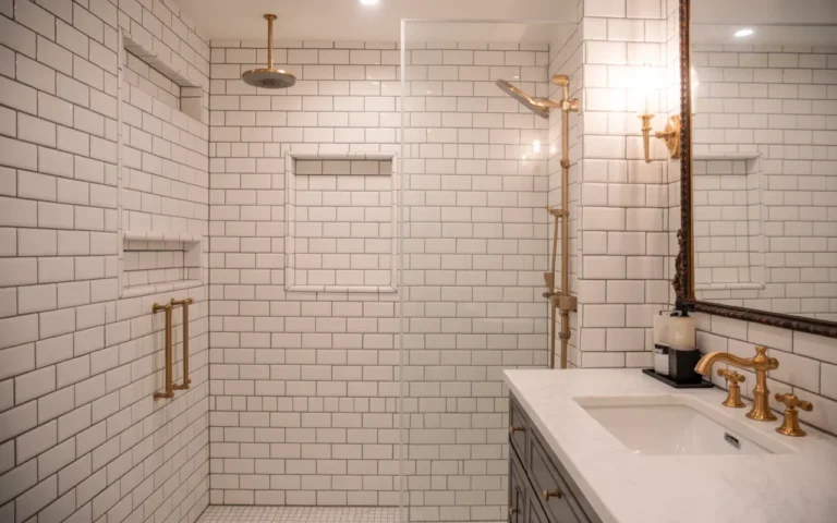white tile and black grout bathroom